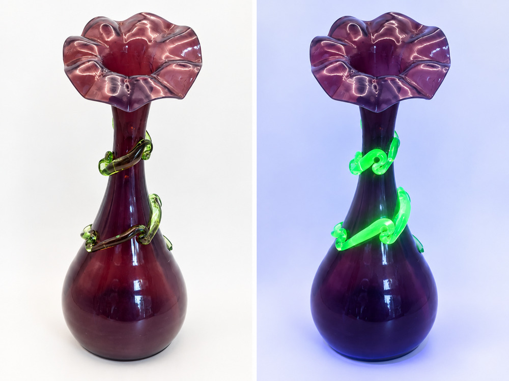 Antique Bohemian Purple Art Glass Vase Uranium Green Applied Vine Ruffled c1900